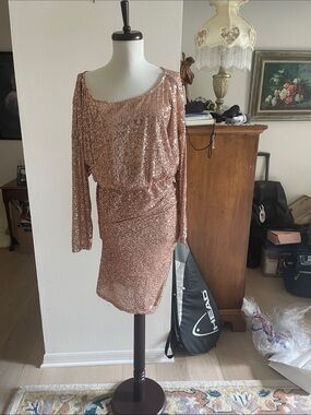 Sequin Long-Sleeve Cocktail Dress in Rose Gold